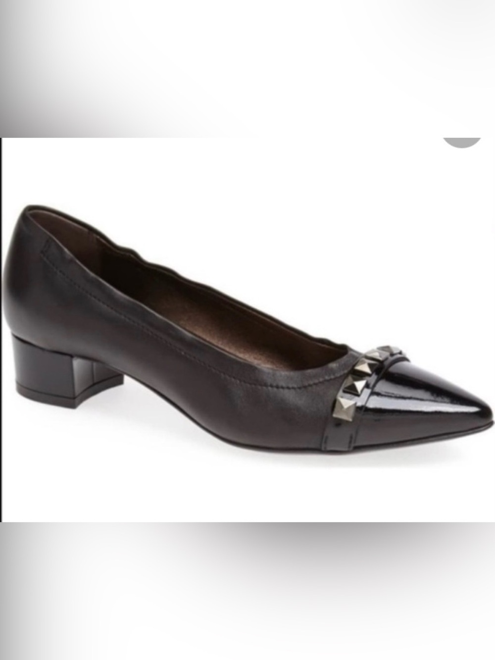 AGL Pyramid Studs block heel pointy toe pump in black leather Womens Size 43